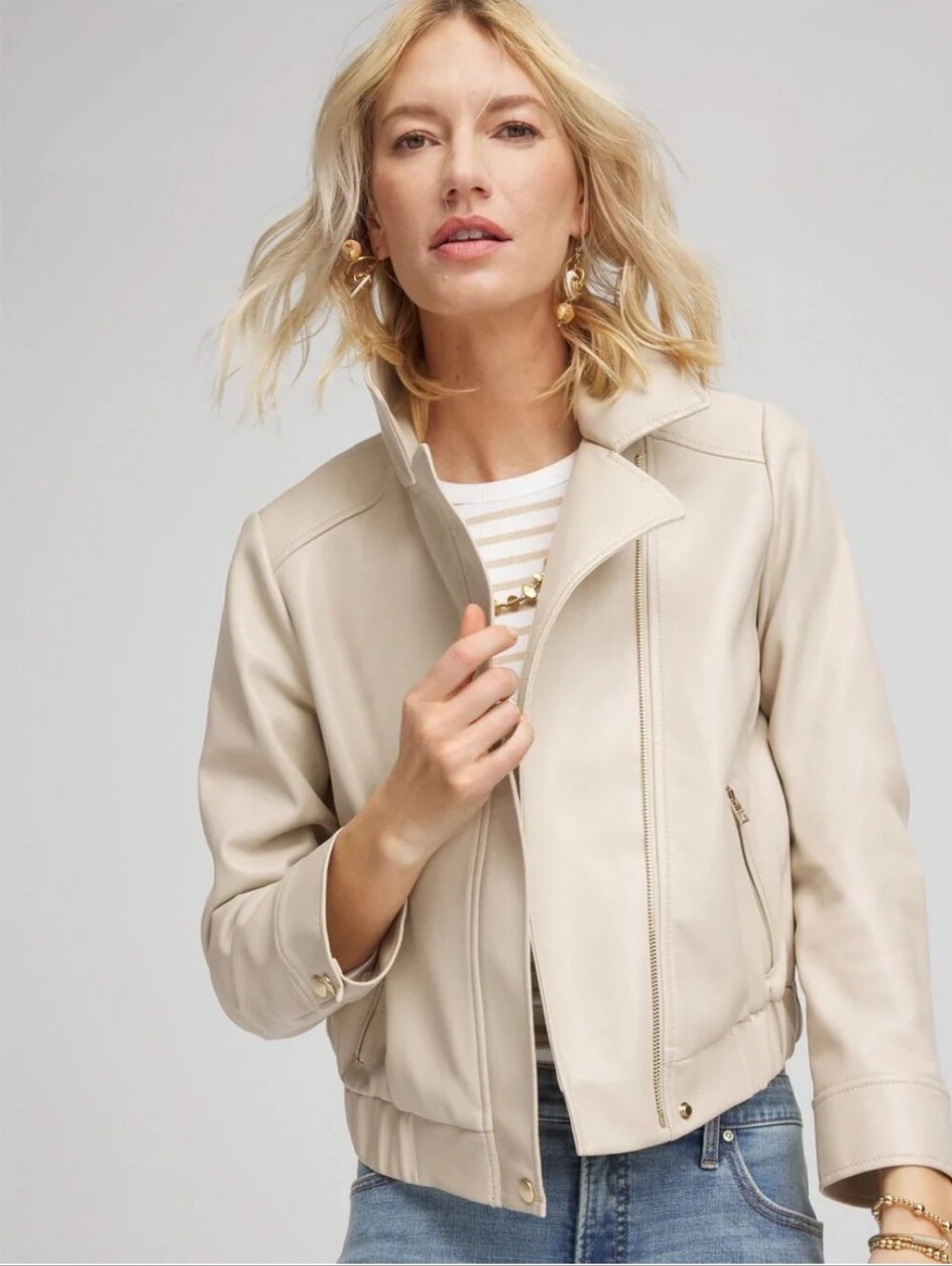 Chicos Women's Cream Faux Leather Moto Jacket_L